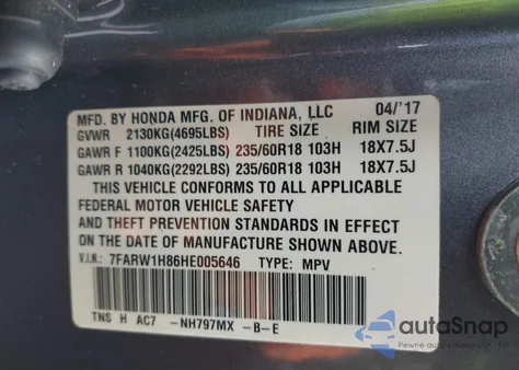 2017 Honda Cr-V Ex-L/Ex-L Navi from USA, damaged, VIN 7FARW1H86HE005646
